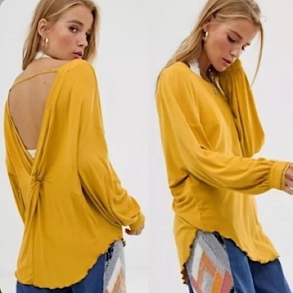 🥂HP🍾 FREE PEOPLE shimmy shake knot open back yellow long sleeve top L like new - Picture 2 of 10